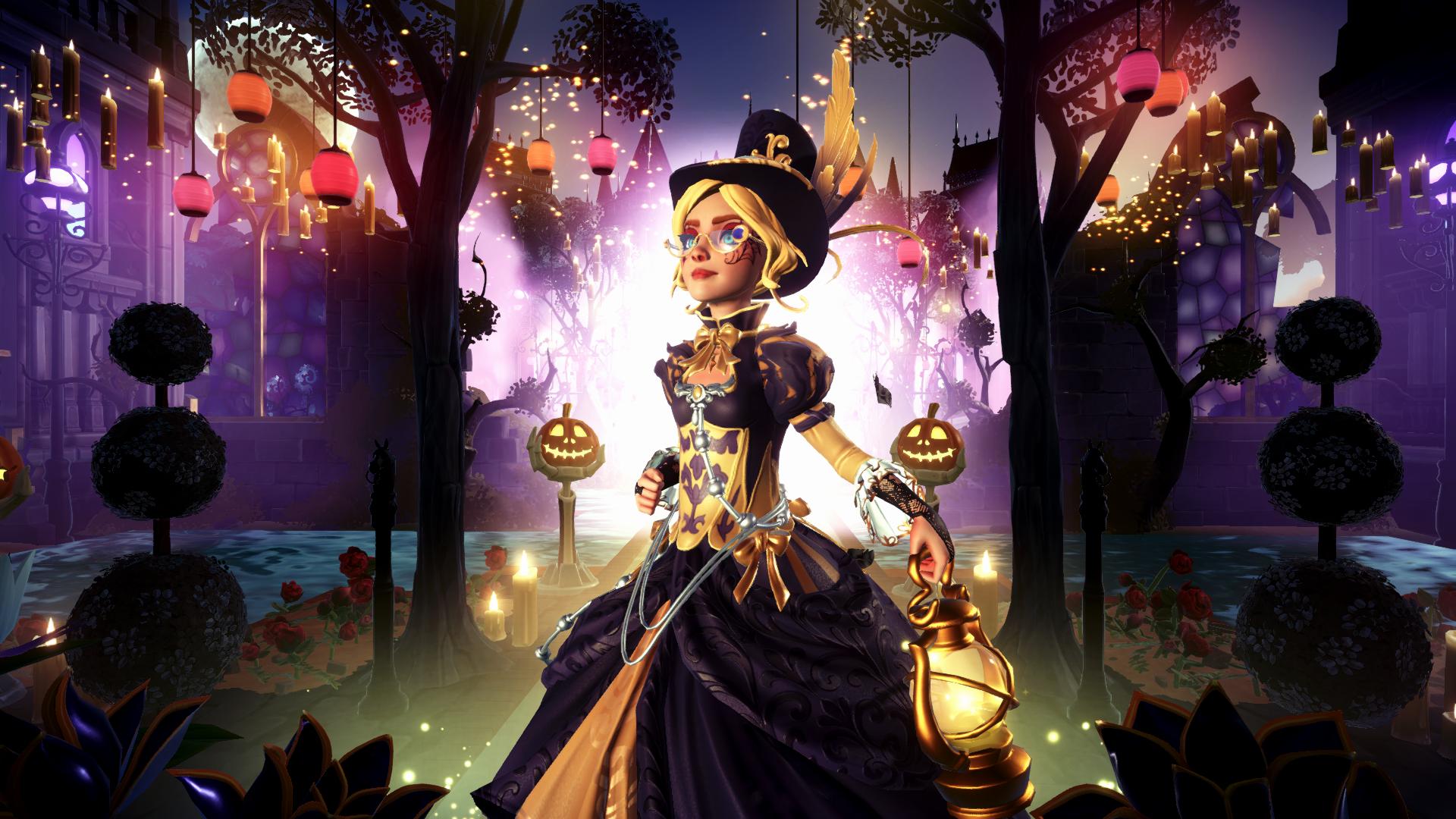 A polished Halloween DreamSnaps scene with a sharply lit character, strong symmetry, and layered decorations.