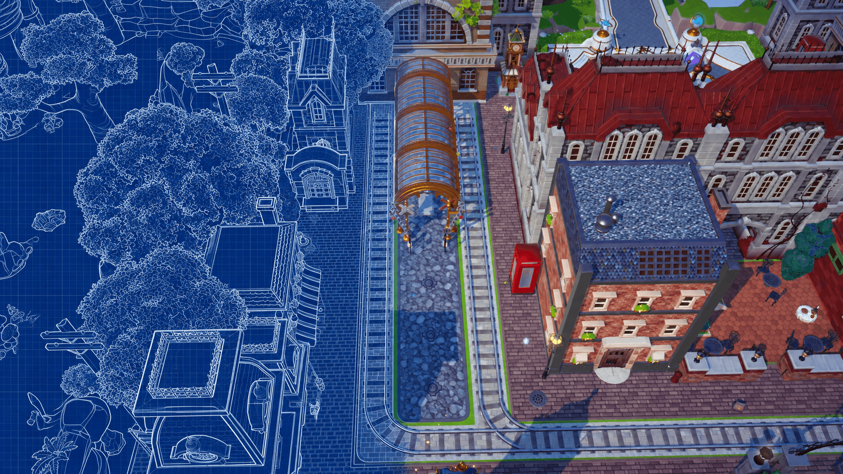 An overhead Valley build fading from an architectural blueprint into the finished in-game scene.