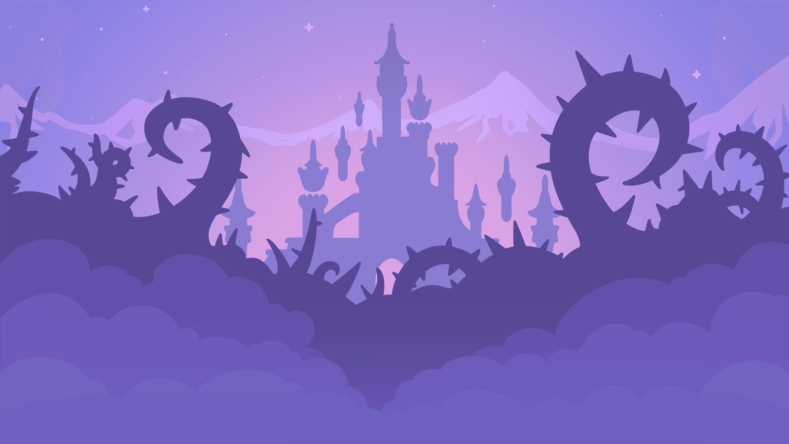 A purple Dreamlight Valley-inspired landscape with castle and night thorn silhouettes.
