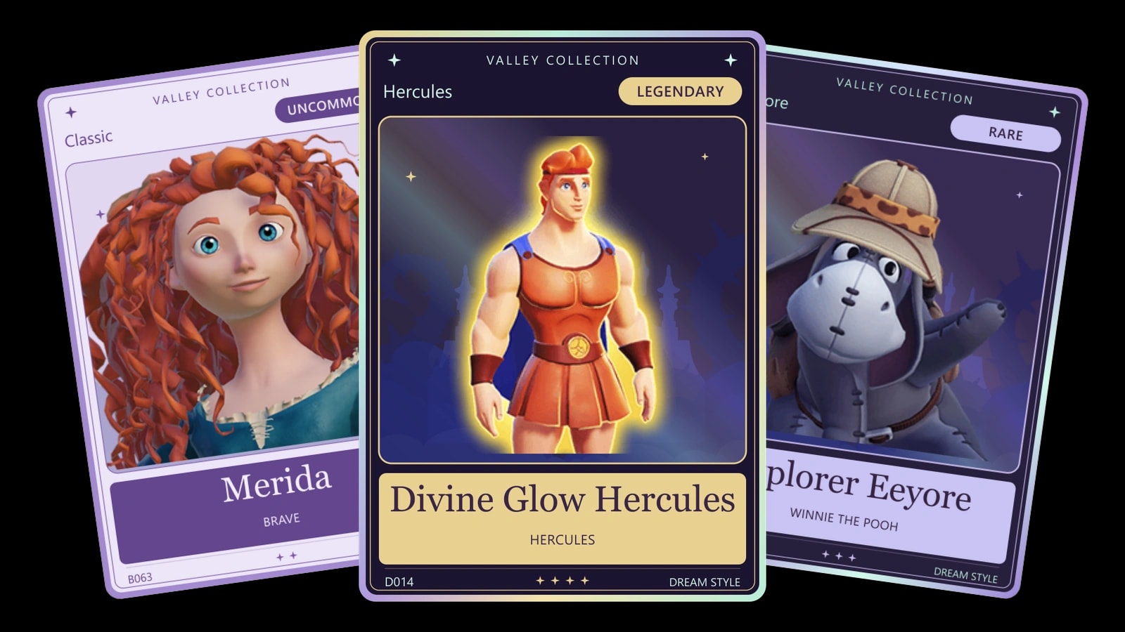 Three overlapping Valley Collection cards featuring Merida, Divine Glow Hercules, and Explorer Eeyore.